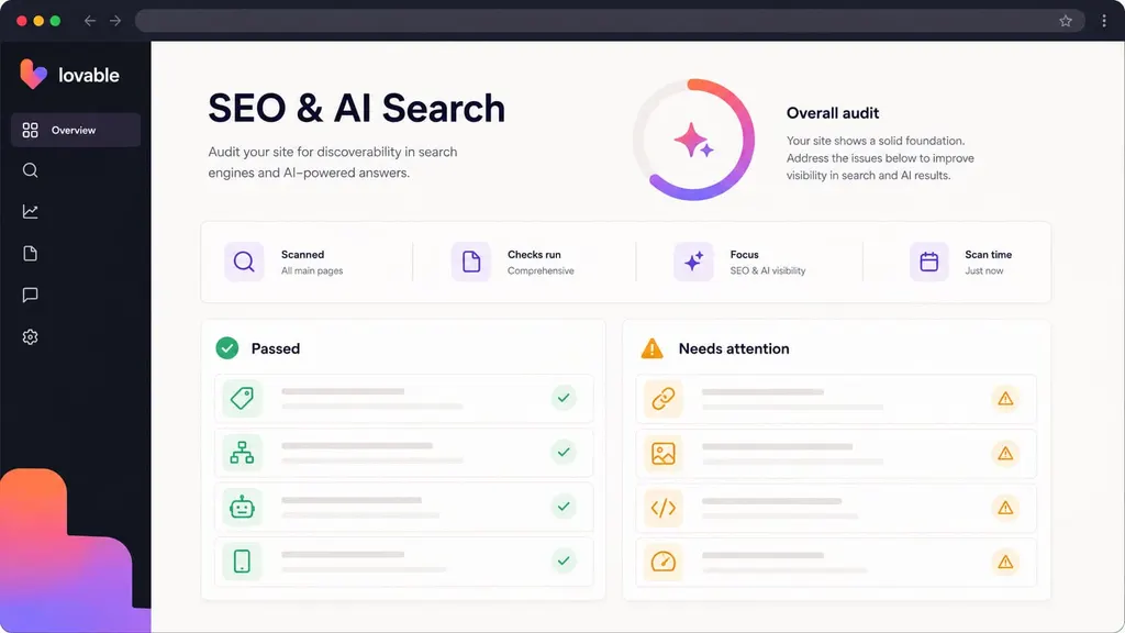 דוח SEO ו-AI Search של אתר שנבנה באמצעות Lovable